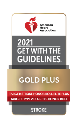 American Heart Association. 2021 Get with the guidelines. Gold Plus. Target: Stroke honor roll elite plus. Target: type 2 diabetes honor roll. Stroke